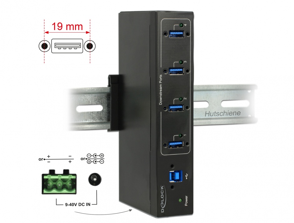 Imagine HUB extern industrial cu 4 x USB 3.0 tip A, protectie 15 kV ESD, Delock 63309