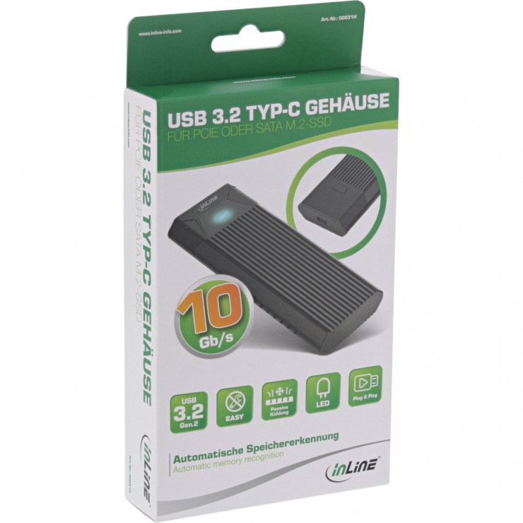 Imagine Rack extern USB 3.2 Gen2 type C la M.2 SSD (PCIe NVMe & SATA), InLine 00031H