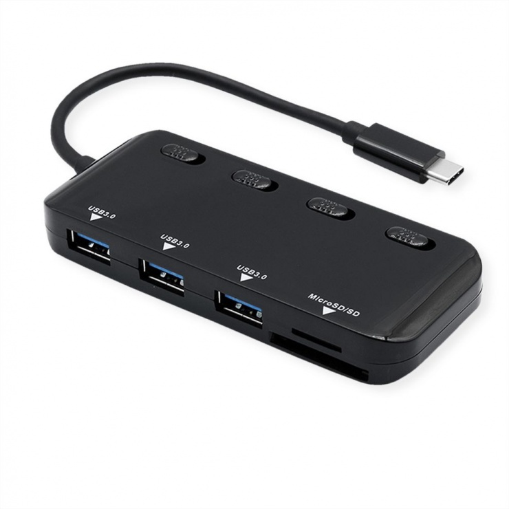 Imagine HUB USB 3.2 type C la 3 x USB-A + cititor de carduri cu switch ON/OFF, Roline 14.02.5059